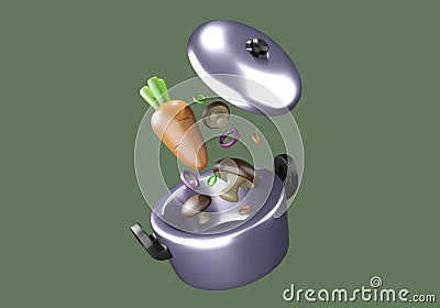 Metal pot and lid with vegetable or food 3d render isolate background. Stock Photo