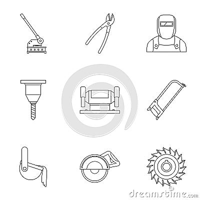 Metal processing industry icon set, outline style Vector Illustration