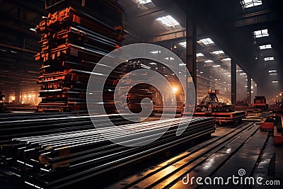 Metal production stored in warehouse of metallurgical plant, steel mill interior. Perspective inside dark storage of iron cast Stock Photo