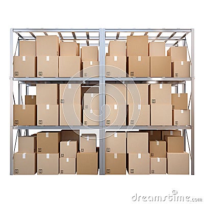 Metal racks with boxes isolated on white background Stock Photo