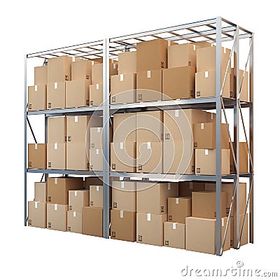 Metal racks with boxes isolated on white background Stock Photo
