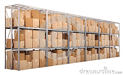 Metal racks with boxes isolated on white background Stock Photo