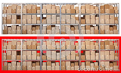 Metal racks with boxes isolated on white and red background Stock Photo