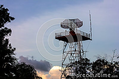 Metal radar tower in airport area Stock Photo