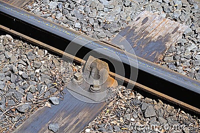 Metal rail track on wooden sleeper. Stock Photo