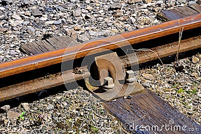 Metal rail on wooden sleeper. Stock Photo
