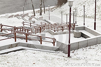 Metal railing, winter steps Stock Photo