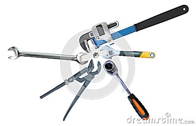 Metal realistic bolt head and all tools for unscrewing isolated on white background. Top view of hand tool. Illustration Cartoon Illustration