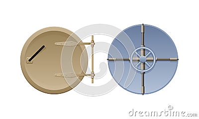 Metal round oval door, with a circular wheel lock. Vector Illustration