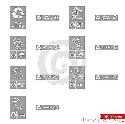 Metal recycling signs icon set of color types. Isolated vector sign symbols. Icon pack Stock Photo