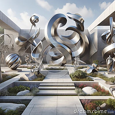 Metal Reflections: Contemporary Sculpture Gleaming in Reflective Metal Stock Photo
