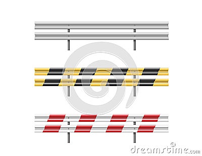 Metal road barriers set. Red, black, yellow and white traffic safety equipment Vector Illustration