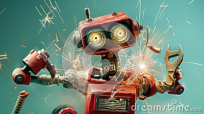 Metal robot crash broken error with spark. By generative Ai Stock Photo