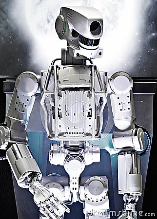 Metal robot on space background Stock Photo