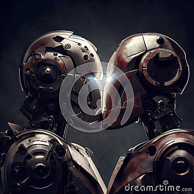 Metal robots kissing on a dark background, generative AI Cartoon Illustration