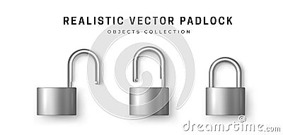Metal robust secure padlock. Set of realistic padlocks in different states - open, closed. Isolated object. Padlock icon. Secret Vector Illustration