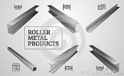 Metal rolling. Steel products. I-beam, steel corner and channel. Realistic vector illustration Vector Illustration