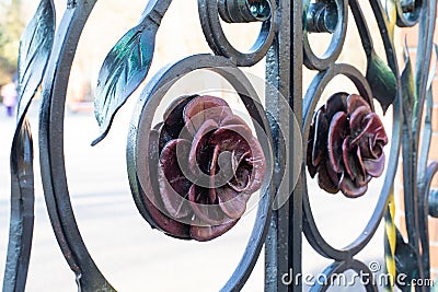 Metal roses decorating forged collars, gate craft element Stock Photo