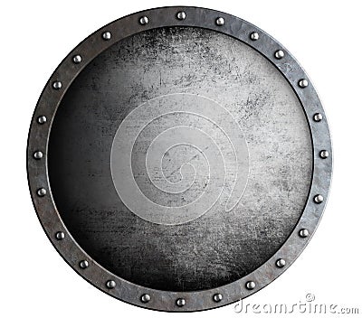 Metal round aged shield isolated on white Stock Photo