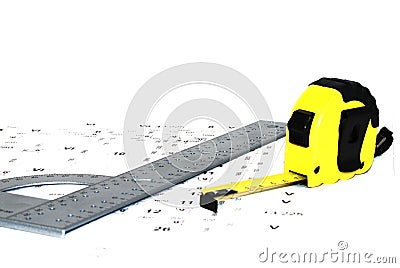 The metal ruler and wiring diagram. Stock Photo