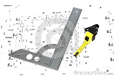 The metal ruler and wiring diagram. Stock Photo