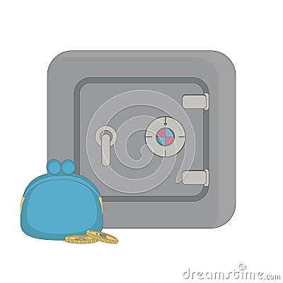 Metal safe with a combination lock. Purse with coins. Reliable storage. Vector Illustration