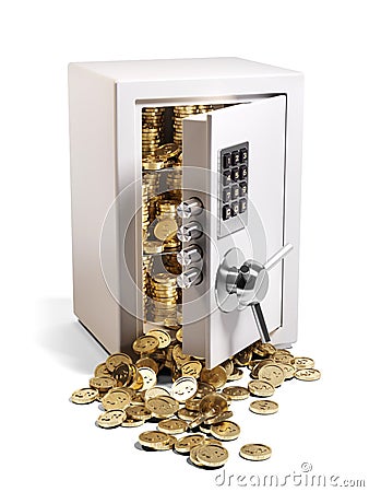 Metal safe vault with open door and filled coins Stock Photo