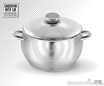 Metal saucepan with closed lid. Realistic vector on transparent background, 3d illustration Vector Illustration