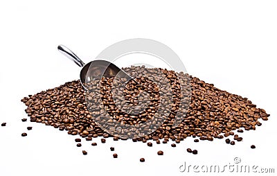 Metal scoop partially burried in coffee beans heap Stock Photo