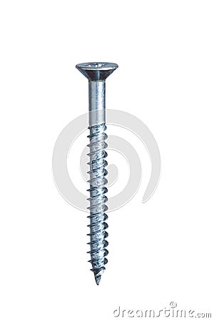Single metal screw isolated on white, in upright position Stock Photo