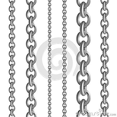 Metal seamless chain collections. Iron steel or silver chains set. Vector illustration metallic border on white Vector Illustration