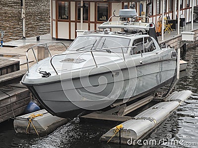 Metal security or border control boat in the water Stock Photo