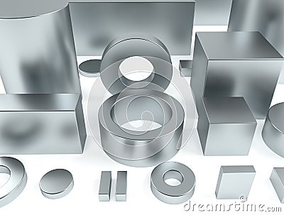 Metal shapes iron and neodymium magnets 3D Rendering Stock Photo