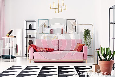 Metal shelves and abstract paintings behind powder pink couch in elegant white living room Stock Photo