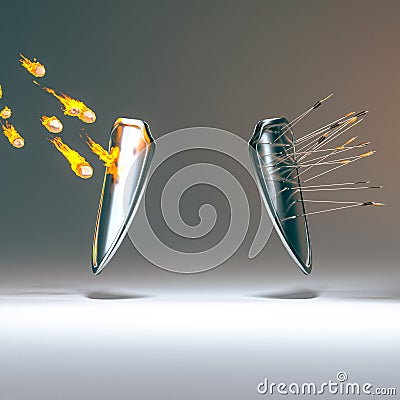 Metal shields hit by fireballs and arrows Stock Photo