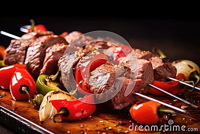 metal skewer loaded with juicy steak pieces Stock Photo