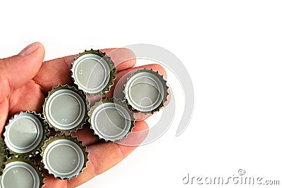 Metal soda bottle caps, soda caps, close-up on white background Stock Photo