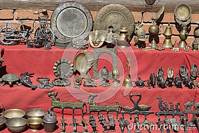 Metal souvenirs at market in Kathmandu, Nepal Stock Photo