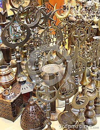 Metal souvenirs sold in a Turkish bazaar Stock Photo