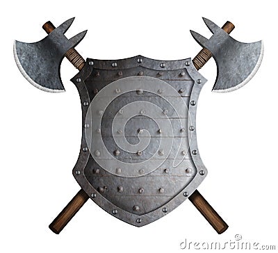 Metal spiked shield and two crossed battle axes 3d illustration Stock Photo