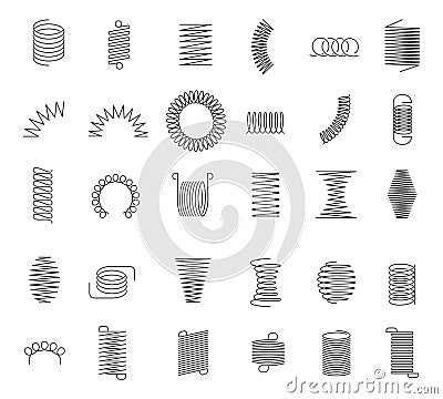 Metal spiral spring. Metallic coils, motor machine spiral sign, wire springs and steel curved flexible coils. Linear Vector Illustration