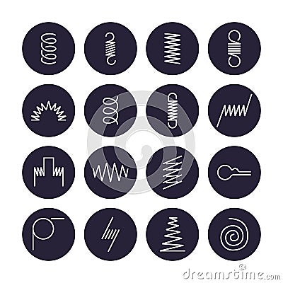 Metal spring flat line icons. Variety of flexible coil, elastic steel wire types. Thin signs in circle background Vector Illustration