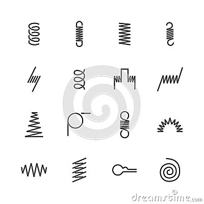 Metal spring flat line icons. Variety of flexible coil, elastic steel wire types. Thin signs flexibility property. Pixel Vector Illustration