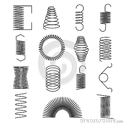 Metal spring icons. Flexible spiral lines, steel wire coils isolated vector symbols Vector Illustration