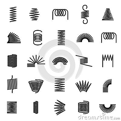 Metal springs. Twisted spiral, flexible coil wire suspension black spring vector line icons Vector Illustration