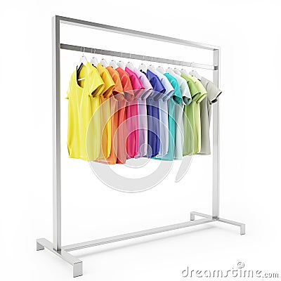 Metal stand with blank colorful t-shirts hanging, isolated on white background Stock Photo