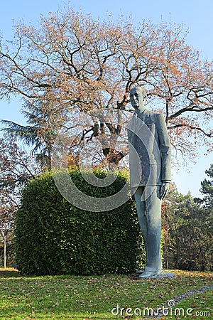 A metal statue at the Guglielmo Marconi Foundation at Sasso Marc Editorial Stock Photo