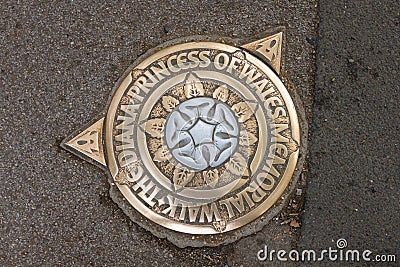 Metal street symbol on route of The Diana Princess of Wales Memorial Walk Editorial Stock Photo