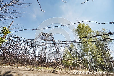 The metal structure of the astronomical radio telescope observatory on the territory of the Institute of the Ionosphere Stock Photo