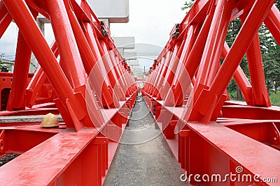 Metal structure of bridge crane construction in construction si Stock Photo